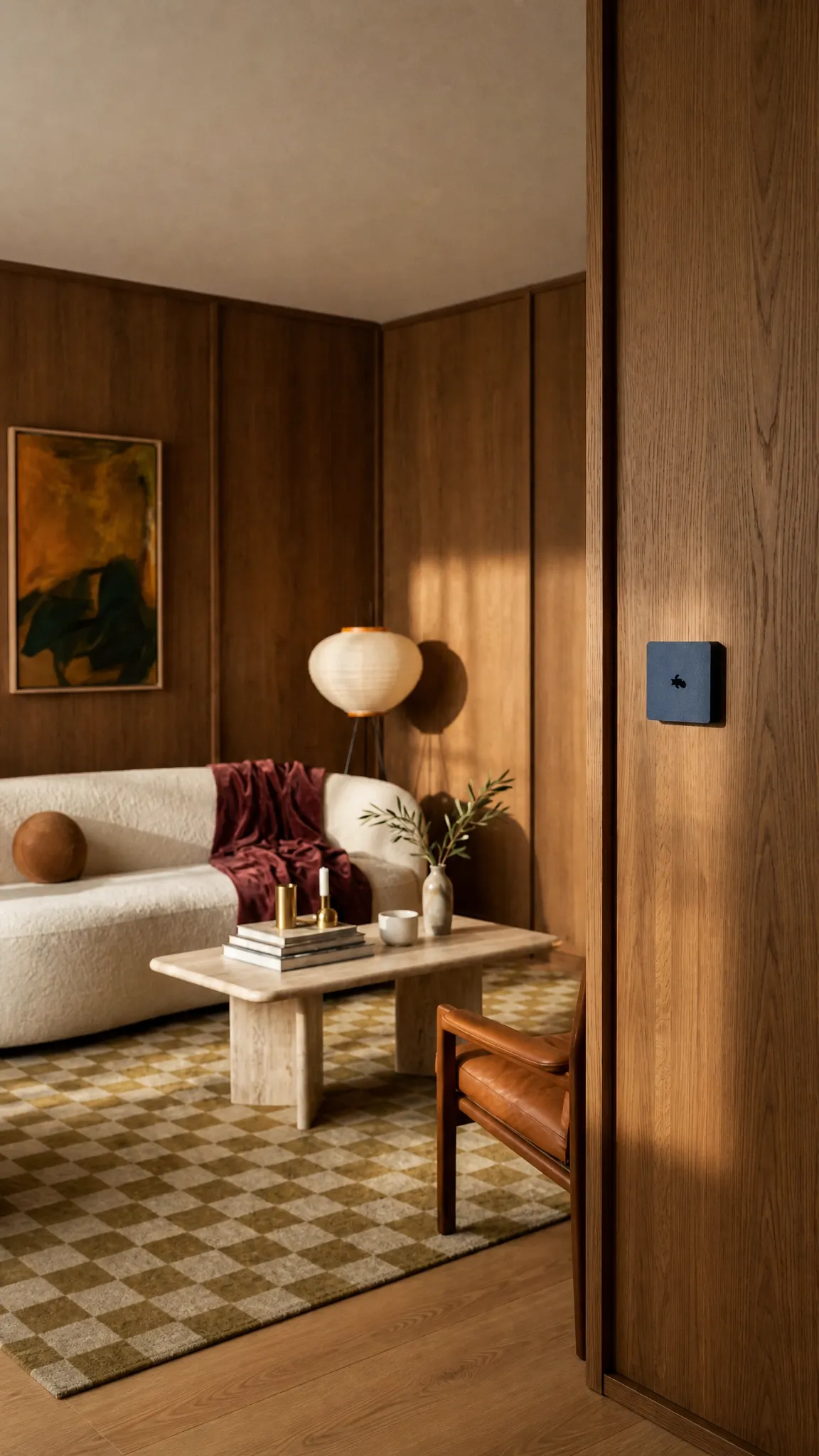 Habillage BUTTN bleu nuit dans un salon mid-century en noyer
