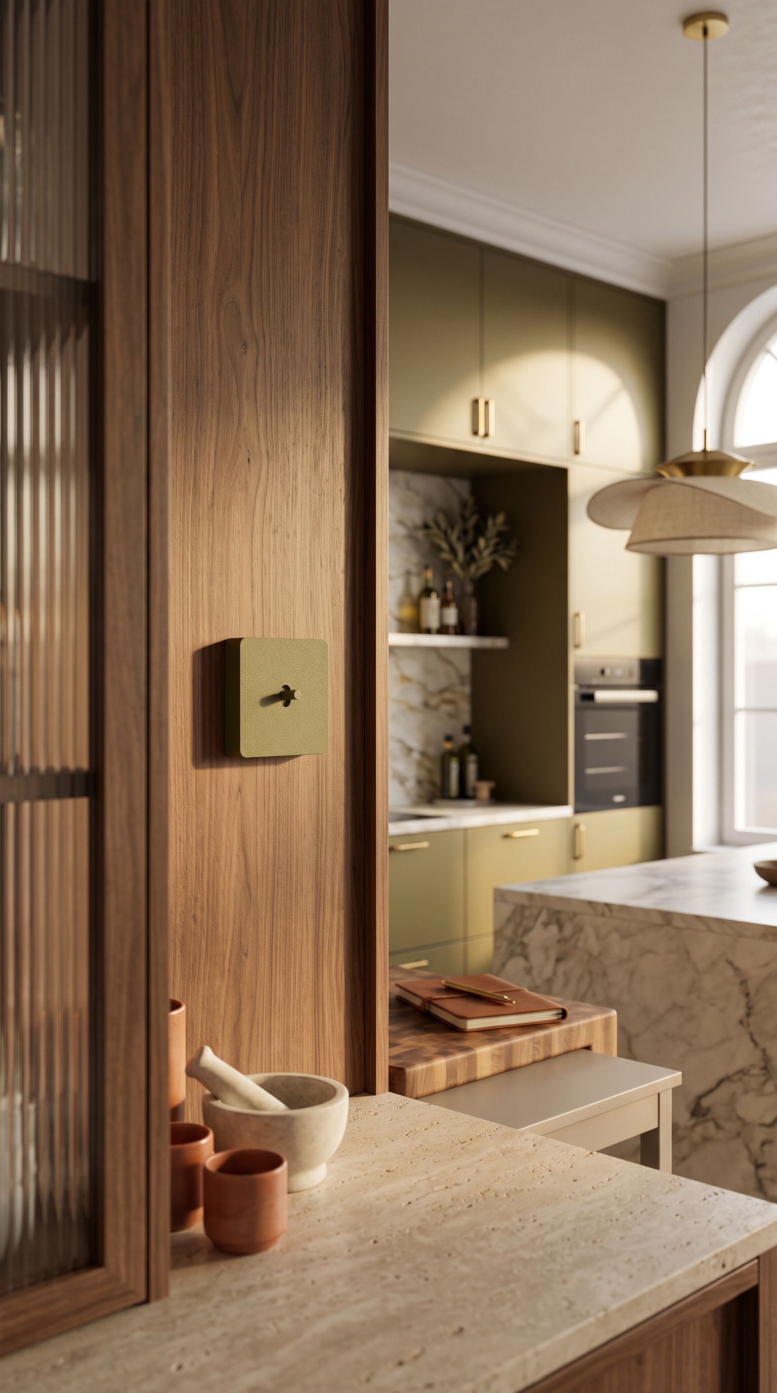 Habillage BUTTN olive dans une cuisine en noyer et verre strié