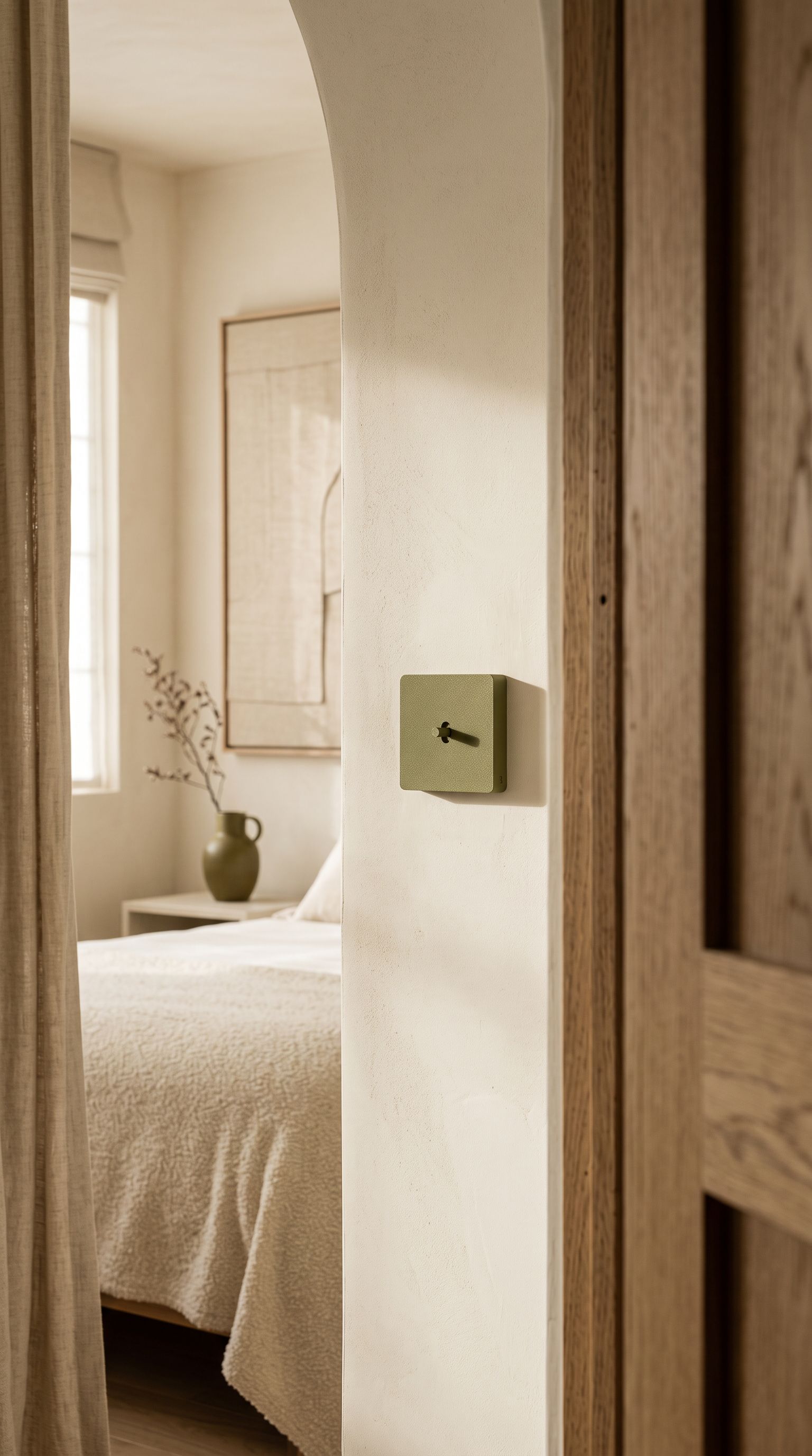 Habillage BUTTN olive dans une chambre en enduit crème