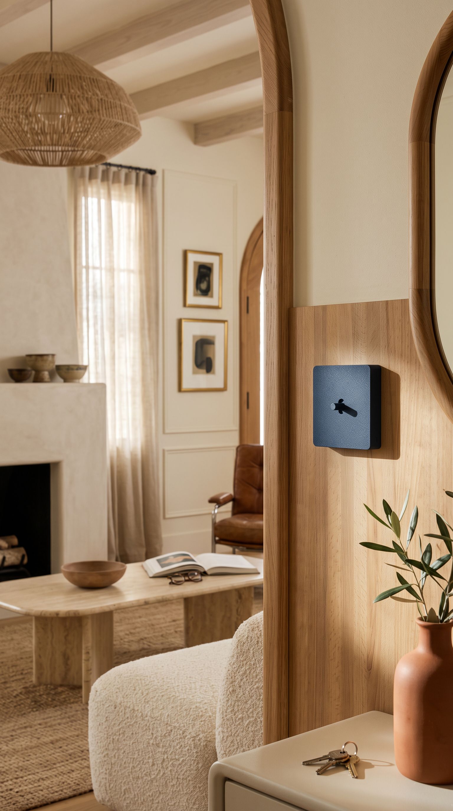 Habillage BUTTN bleu nuit dans un entrée claire avec miroir